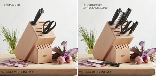 3D knives in a wooden block with onions and herbs by CUBE