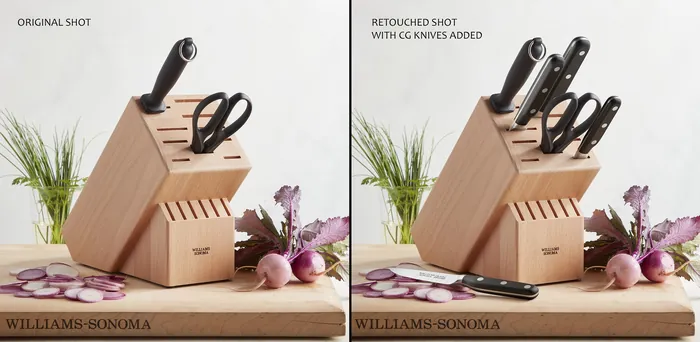 3D knives in a wooden block with onions and herbs by CUBE