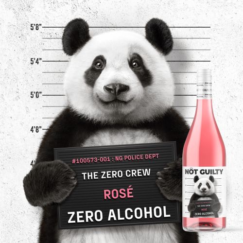 Panda holding a mugshot sign next to a bottle of Not Guilty rosé by CUBE