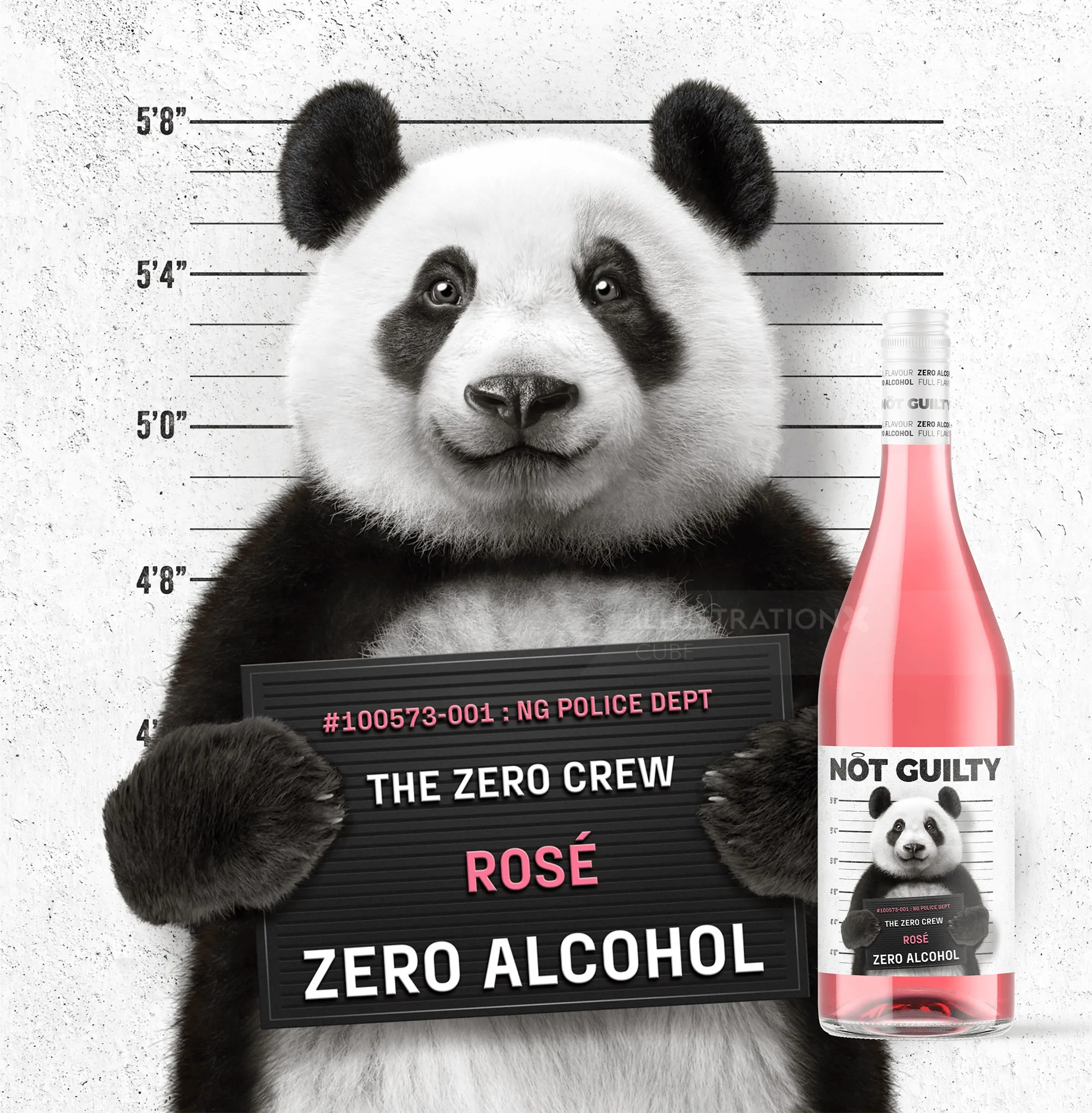 Panda holding a mugshot sign next to a bottle of Not Guilty rosé by CUBE