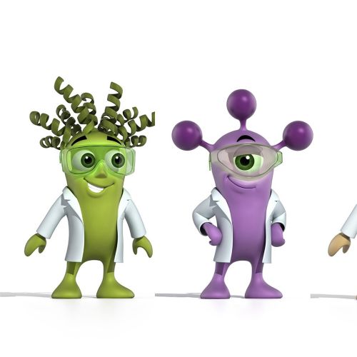 Four colorful Biorbyt pharmaceutical mascot characters standing in a row