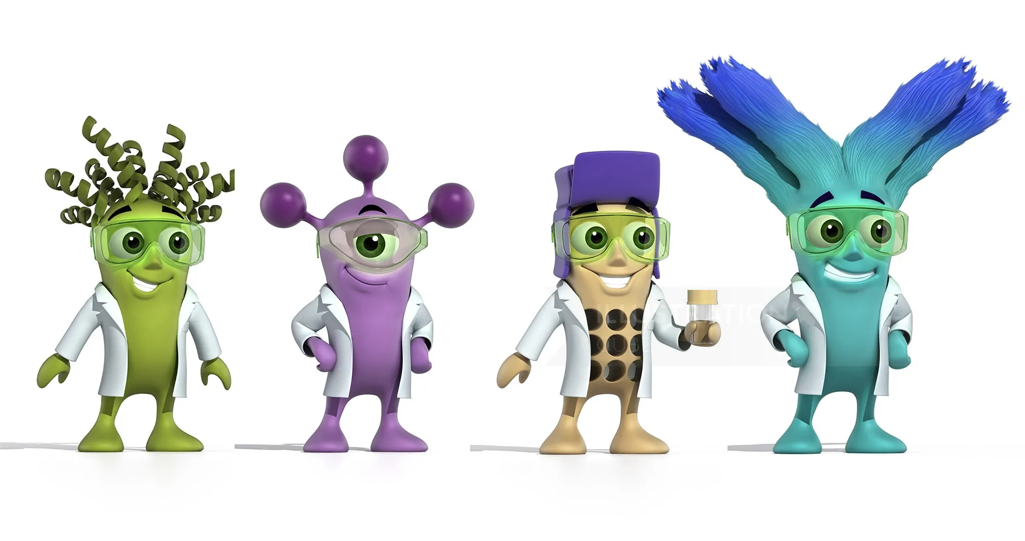 Four colorful Biorbyt pharmaceutical mascot characters standing in a row