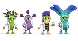 Four colorful Biorbyt pharmaceutical mascot characters standing in a row