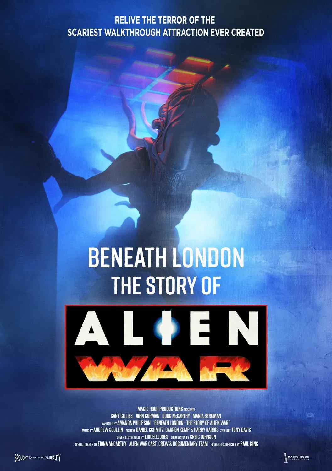 Silhouetted alien figure glowing blue in dark, futuristic setting