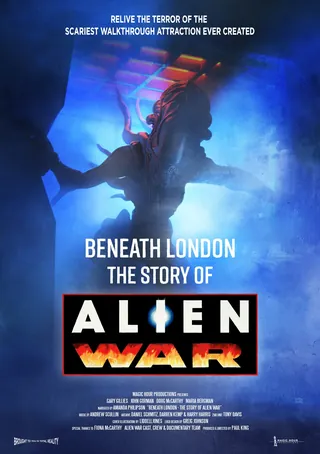 Silhouetted alien figure glowing blue in dark, futuristic setting