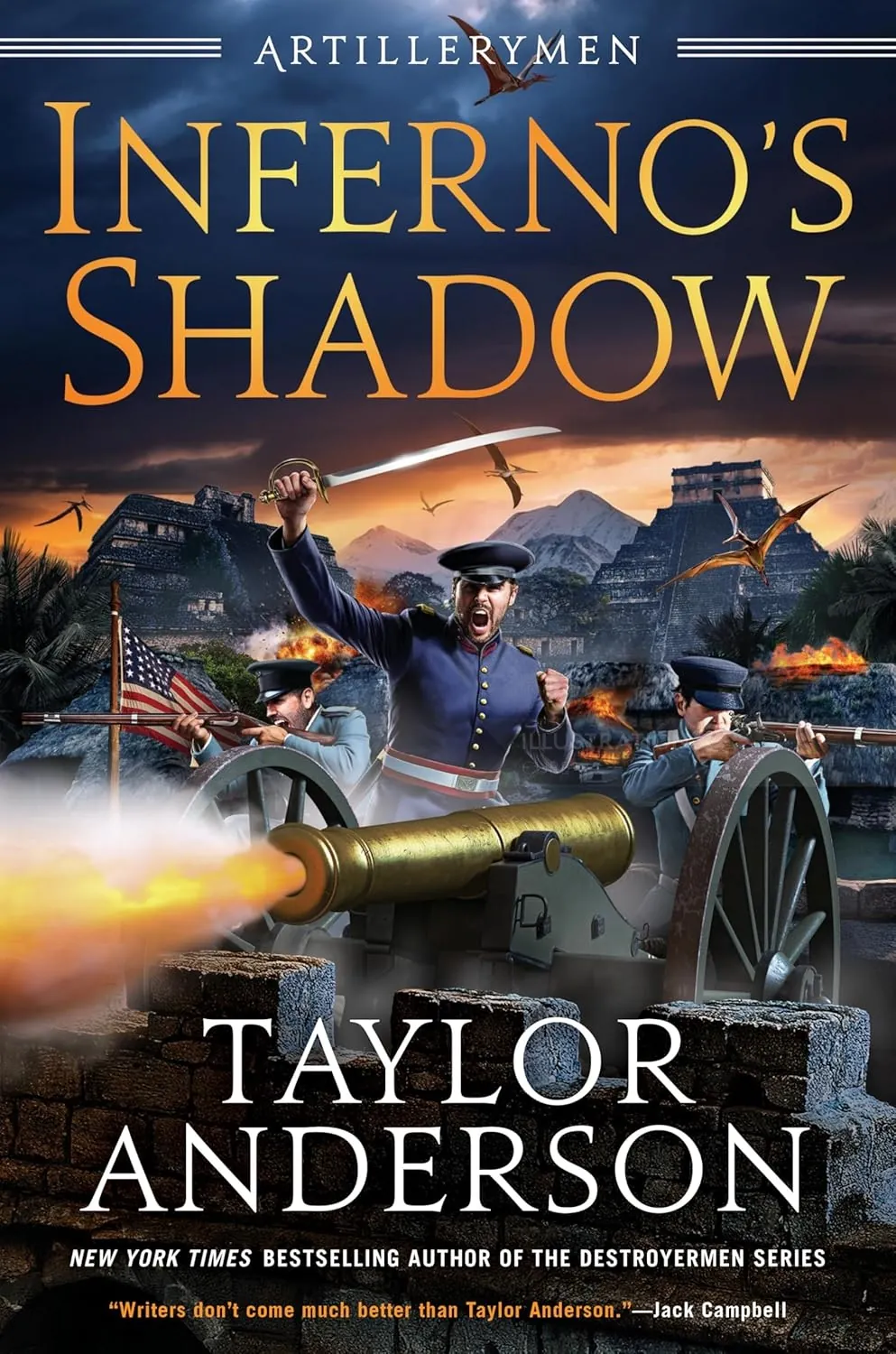 Historical battle scene with soldier firing artillery cannon