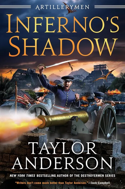 Historical battle scene with soldier firing artillery cannon
