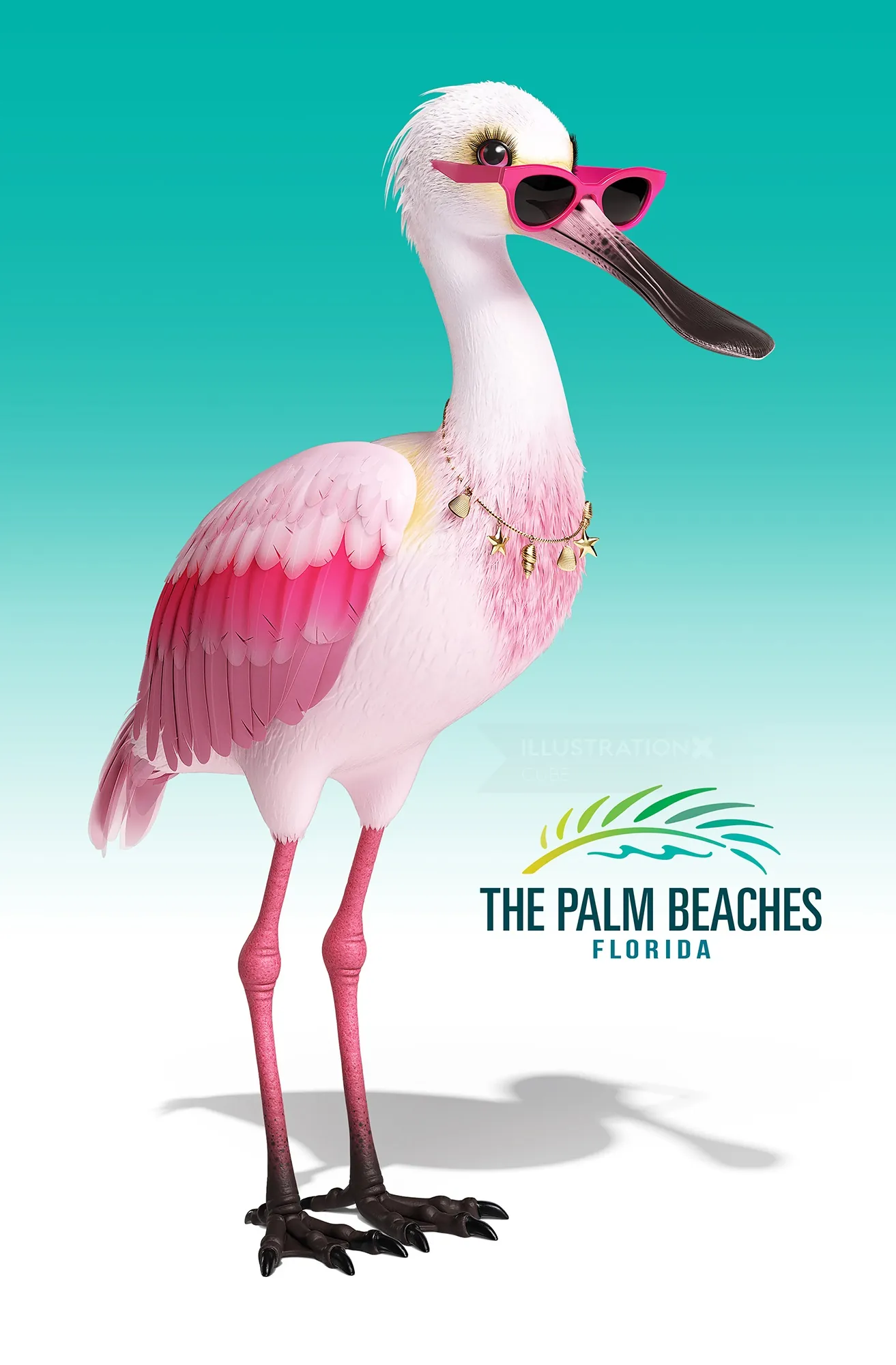 Flora the Spoonbill wearing sunglasses and jewelry by CUBE