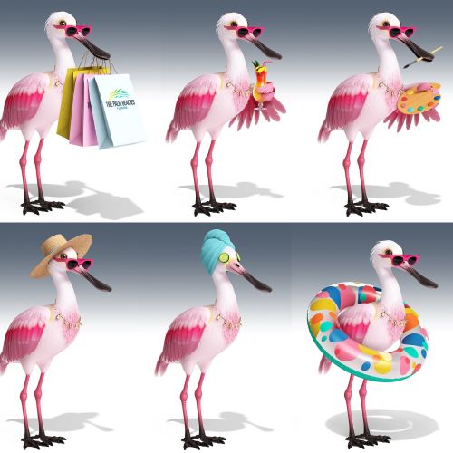 Flora the Spoonbill character in different outfits by artist CUBE