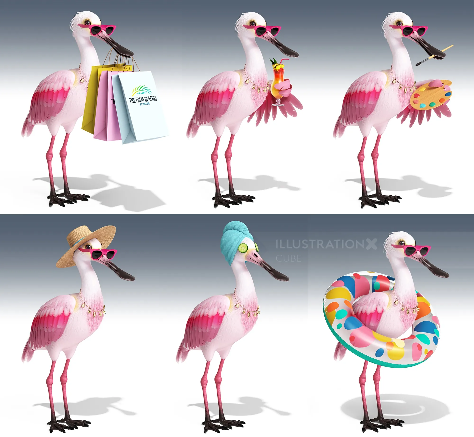 Flora the Spoonbill character in different outfits by artist CUBE