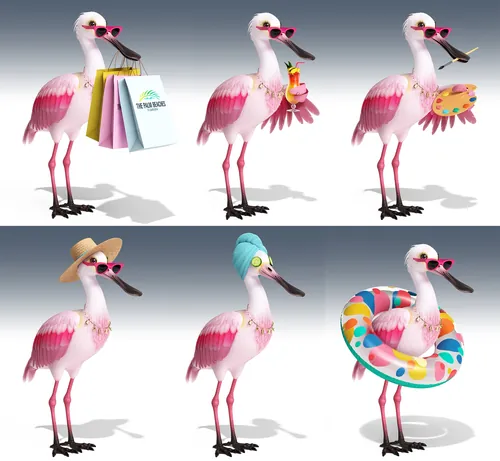 Flora the Spoonbill character in different outfits by artist CUBE
