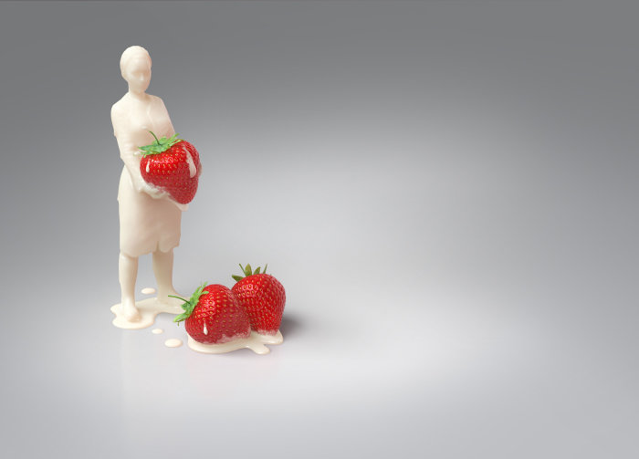3d / cgi rendering milk woman with straw berries
