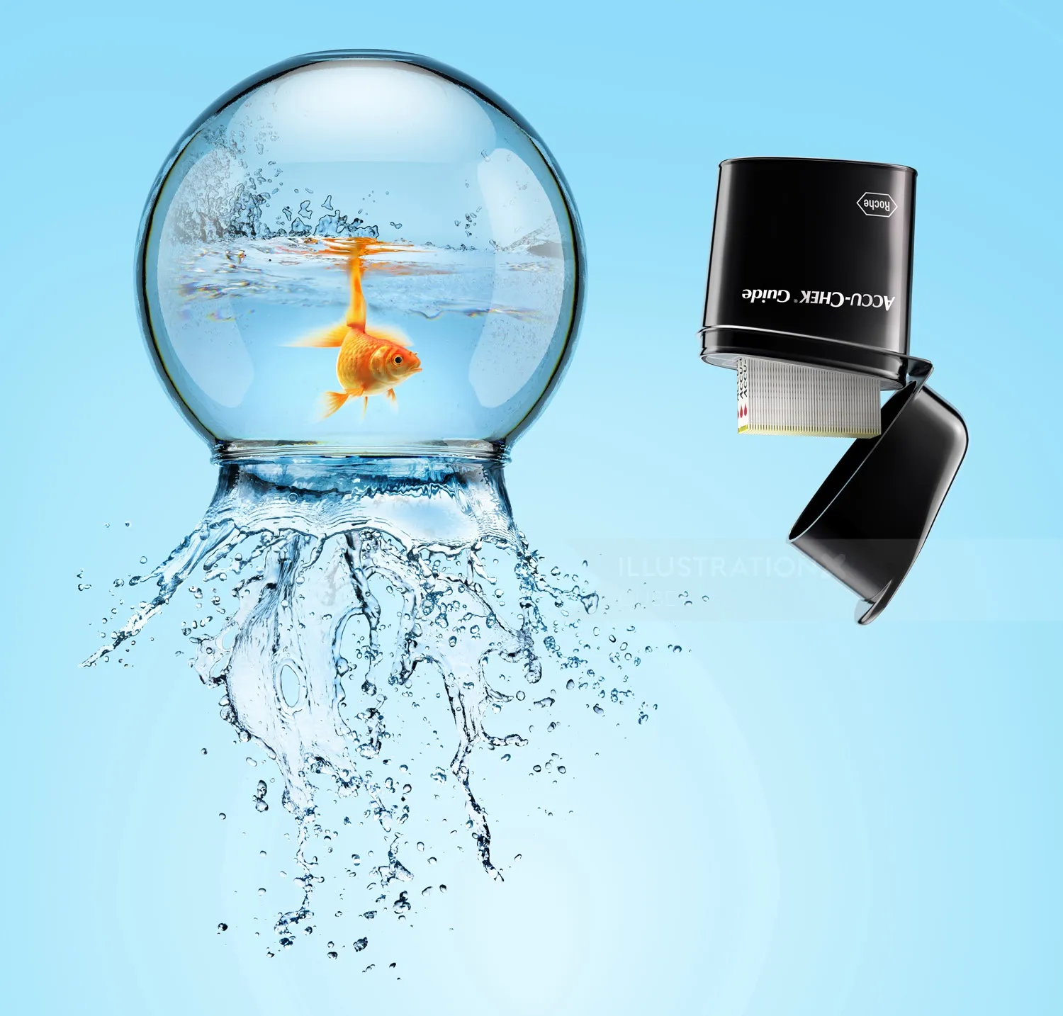 Realistic Fishbowl illustration for Accu Chek medical test strips product