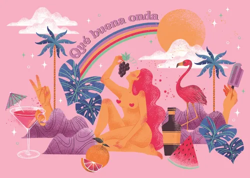 Colorful tropical summer scene with woman, flamingo, fruits, and rainbow by Camila Gray