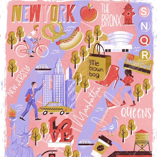 Vibrant illustrated map of New York City neighborhoods by Camila Gray