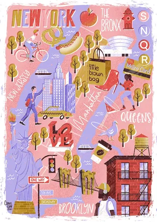 Vibrant illustrated map of New York City neighborhoods by Camila Gray