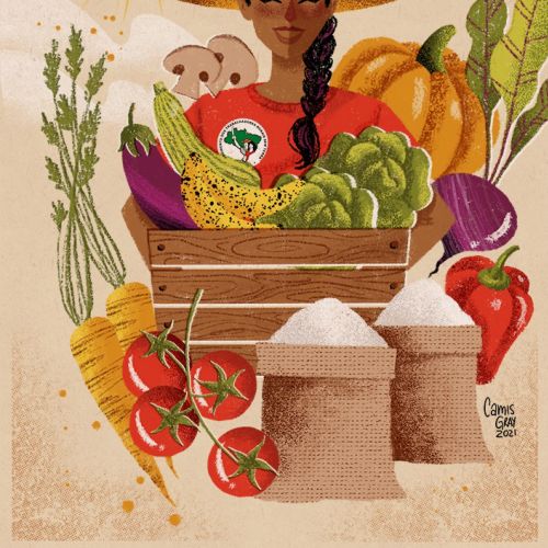 Illustration of woman with hat holding fresh vegetables and grains by Camila Gray