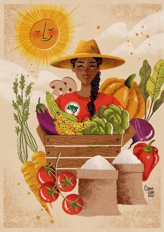 Illustration of woman with hat holding fresh vegetables and grains by Camila Gray