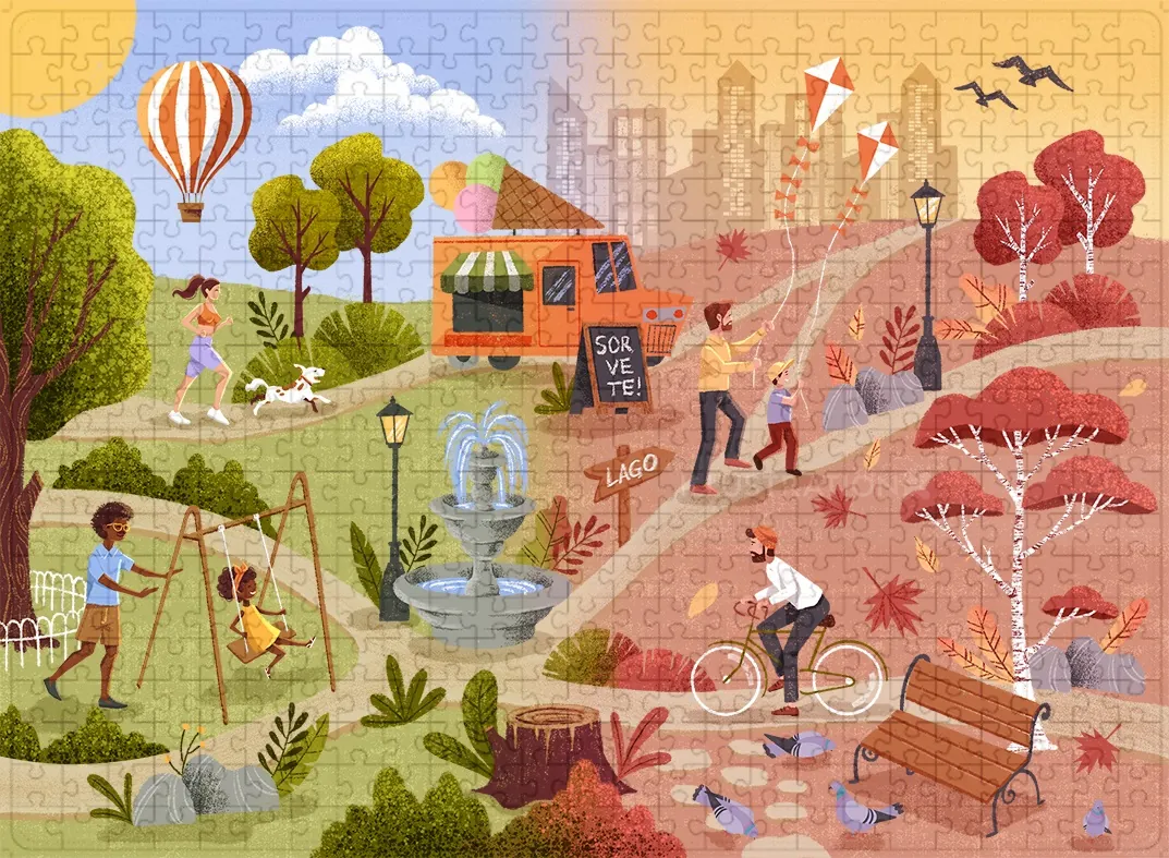 Illustration of summer and fall seasons showing park and cityscape by Camila Gray