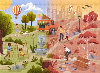 Illustration of summer and fall seasons showing park and cityscape by Camila Gray