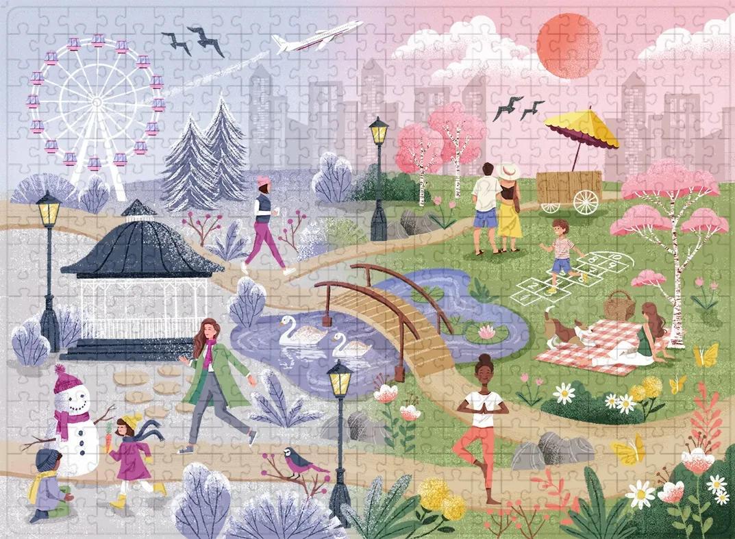 Four seasons park scene with winter and spring elements by Camila Gray