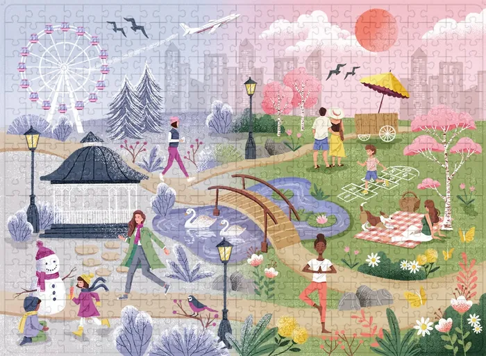 Four seasons park scene with winter and spring elements by Camila Gray