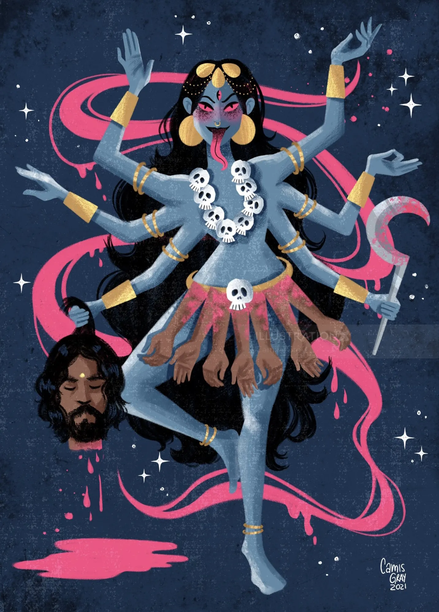 Blue-skinned Kali with multiple arms and skulls by Camila Gray