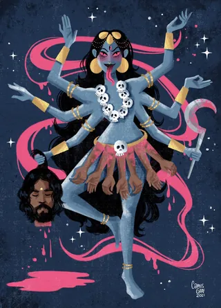 Blue-skinned Kali with multiple arms and skulls by Camila Gray