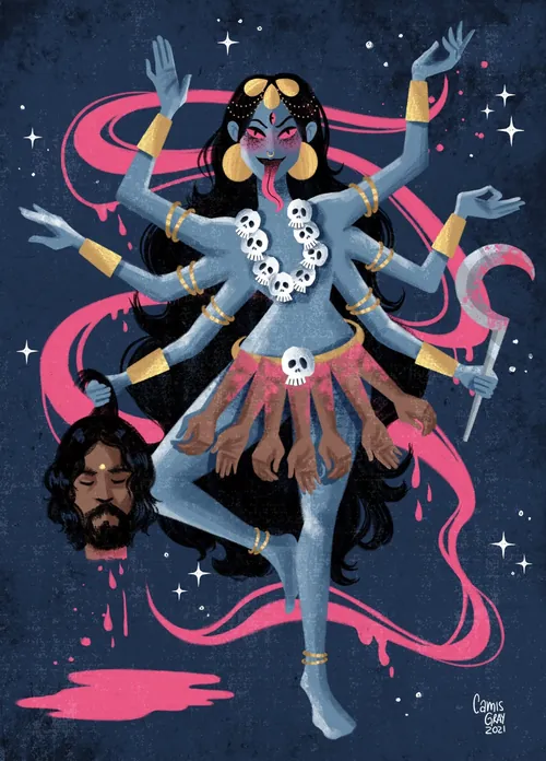 Blue-skinned Kali with multiple arms and skulls by Camila Gray