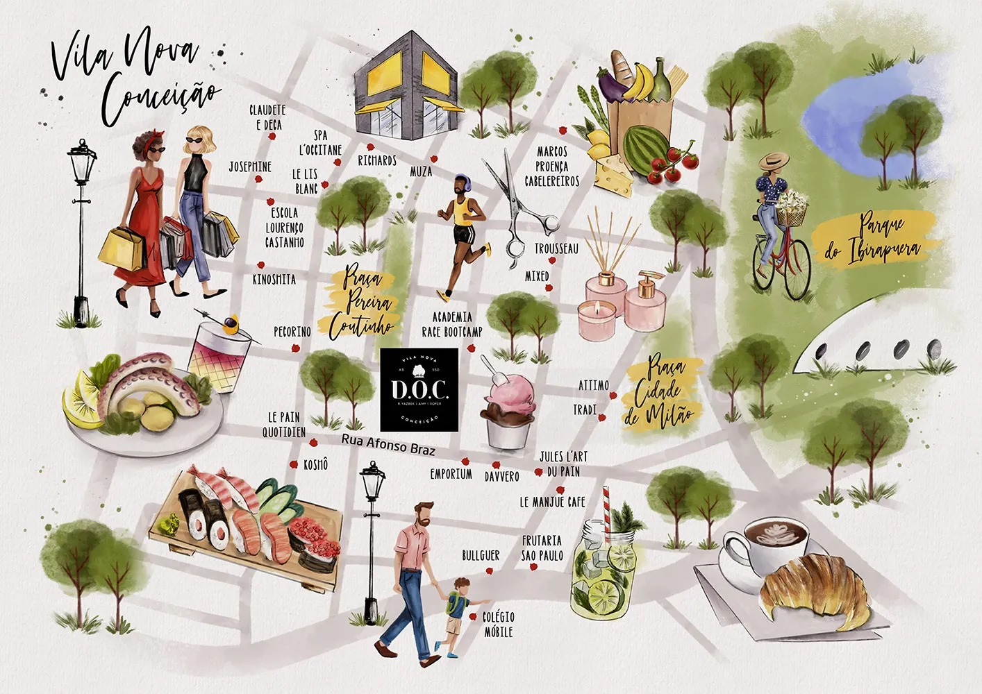 Illustrated map of Vila Nova Conceição neighborhood in São Paulo by Camila Gray