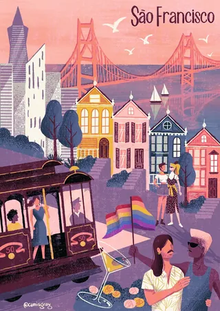 San Francisco cityscape with cable car, Victorian houses, Golden Gate Bridge by Camila Gray