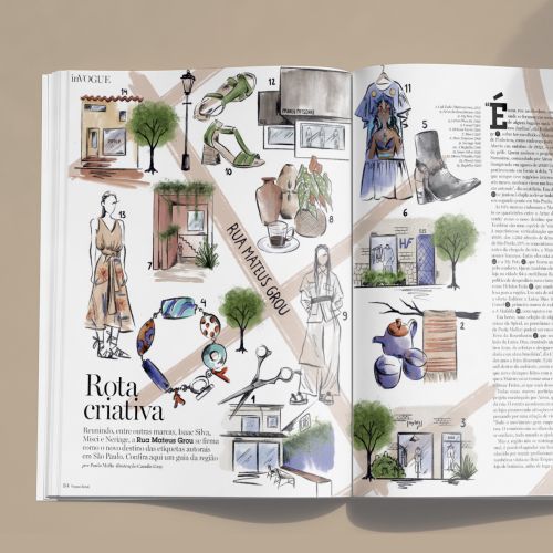 Fashion items and scenes illustrated in a creative map layout by Camila Gray