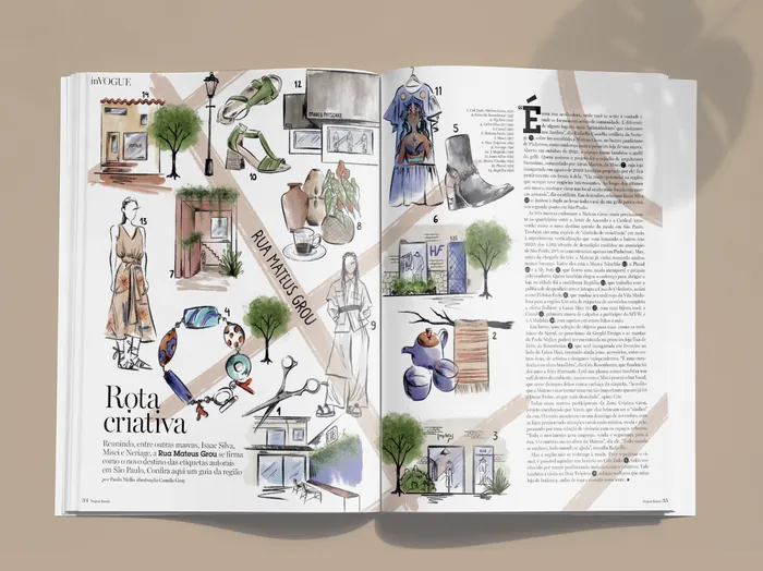 Fashion items and scenes illustrated in a creative map layout by Camila Gray