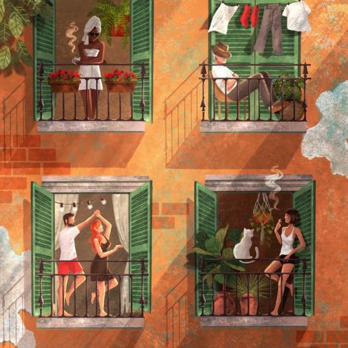 Four people on separate balconies with green shutters and plants by Camila Gray
