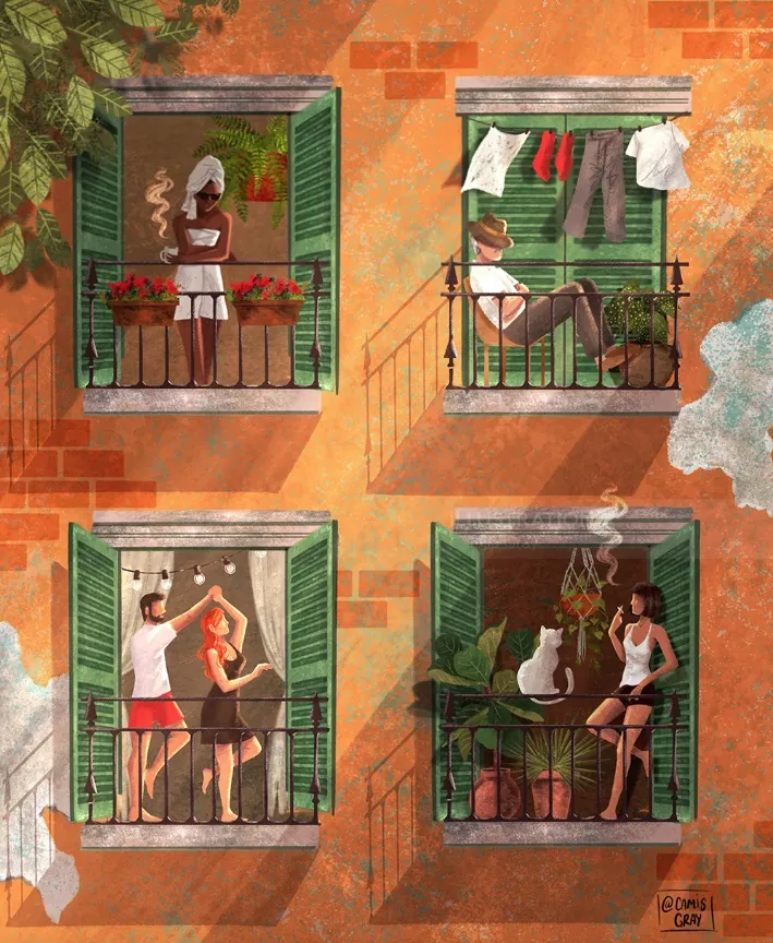 Four people on separate balconies with green shutters and plants by Camila Gray