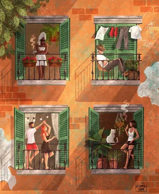 Four people on separate balconies with green shutters and plants by Camila Gray