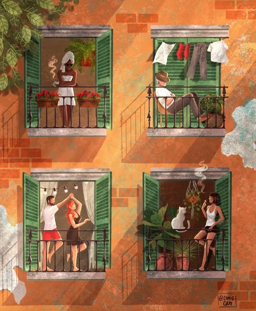 Four people on separate balconies with green shutters and plants by Camila Gray