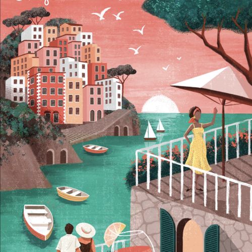 Colorful Cinque Terre village with people and sailboats at sunset by Camila Gray