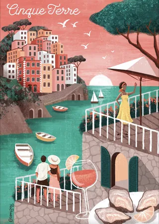 Colorful Cinque Terre village with people and sailboats at sunset by Camila Gray