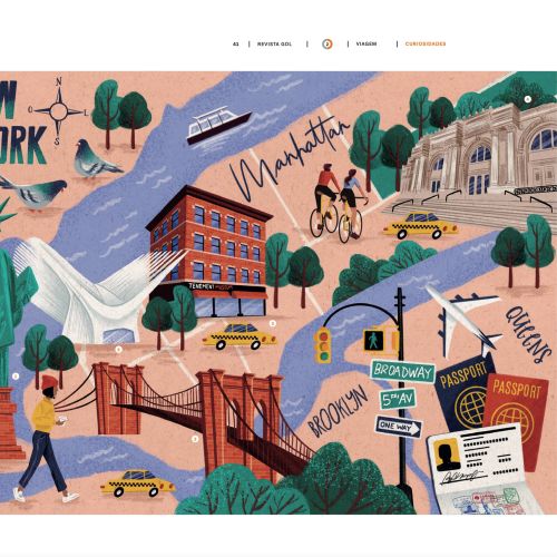 Illustrated map of New York featuring landmarks and neighborhoods by Camila Gray