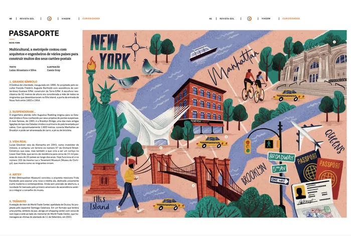 Illustrated map of New York featuring landmarks and neighborhoods by Camila Gray