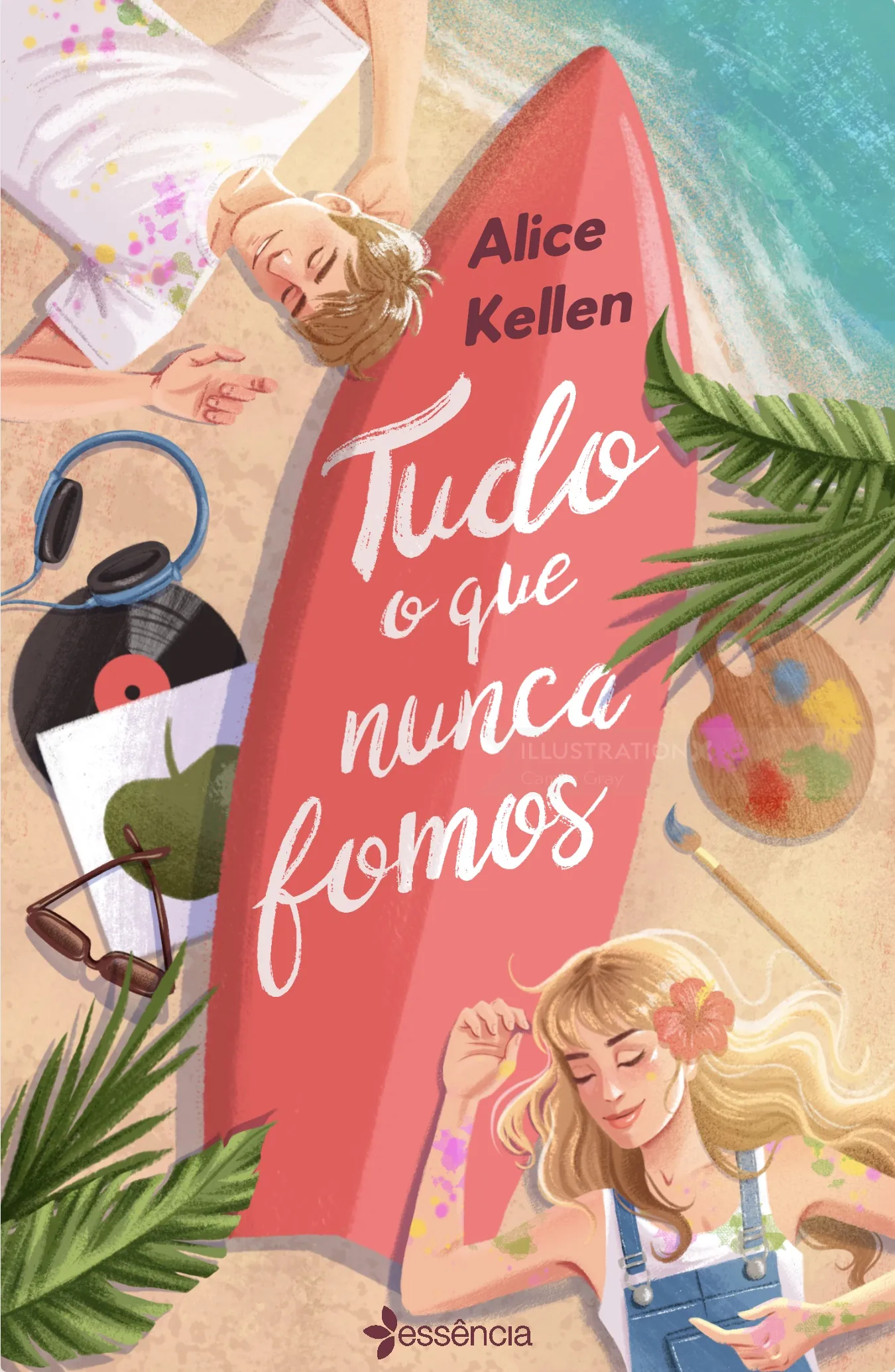 Beach scene with two relaxed people, surfboard, and tropical plants by Camila Gray