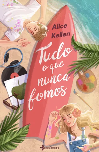 Beach scene with two relaxed people, surfboard, and tropical plants by Camila Gray