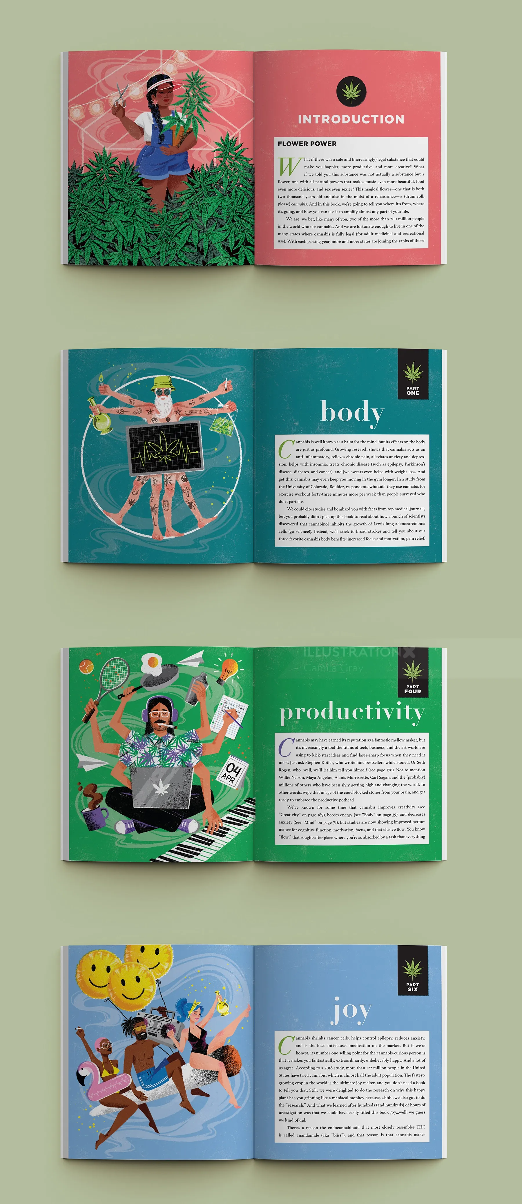 Open pages of a cannabis wellness book with colorful illustrations by Camila Gray