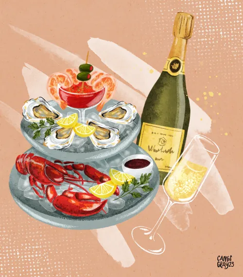 Seafood platter with lobster, oysters, cocktail, and champagne by Camila Gray