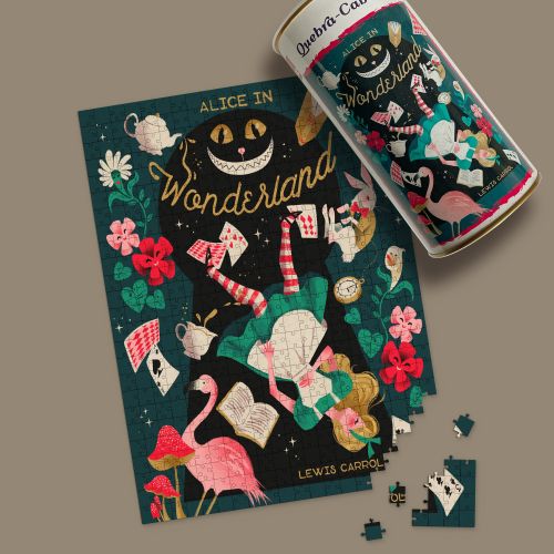 Alice in Wonderland themed jigsaw puzzle with characters and objects