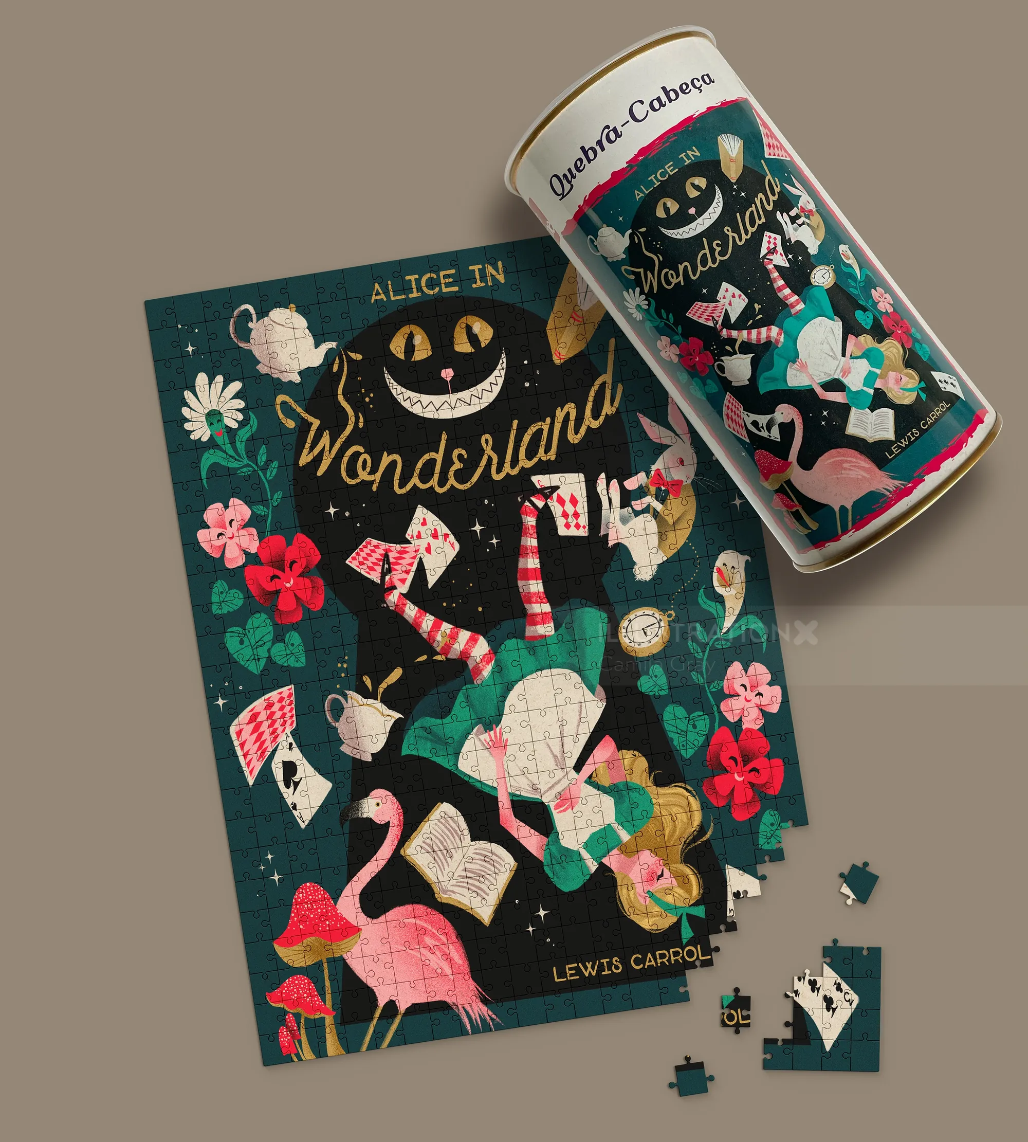 Alice in Wonderland themed jigsaw puzzle with characters and objects