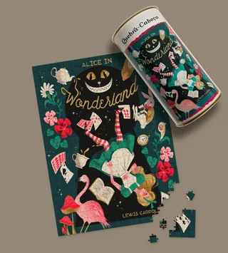 Alice in Wonderland themed jigsaw puzzle with characters and objects