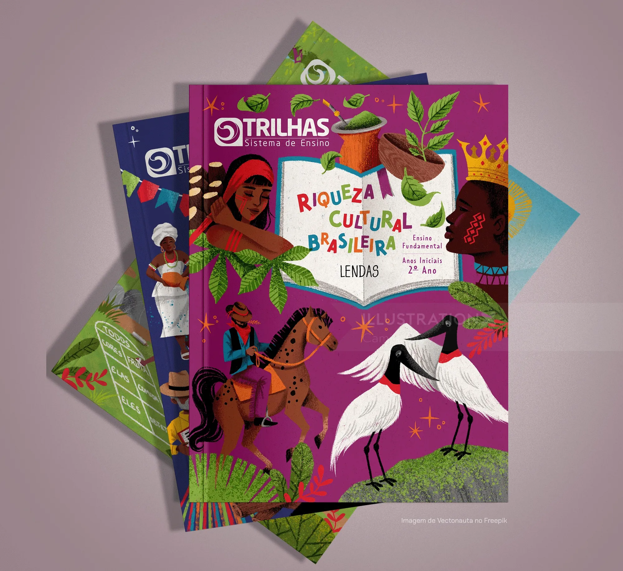 Book covers for Trilhas educational system with colorful Brazilian culture theme