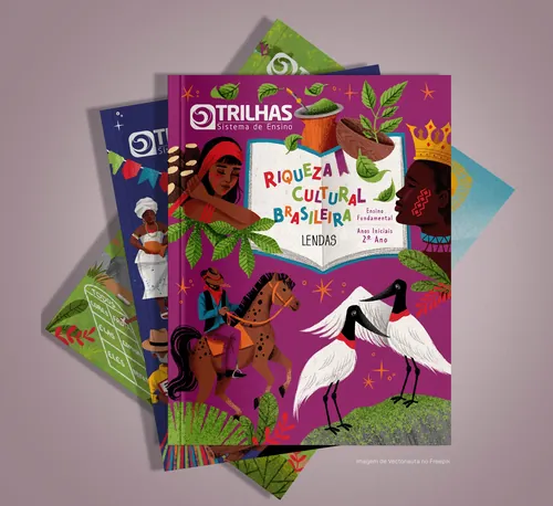 Book covers for Trilhas educational system with colorful Brazilian culture theme